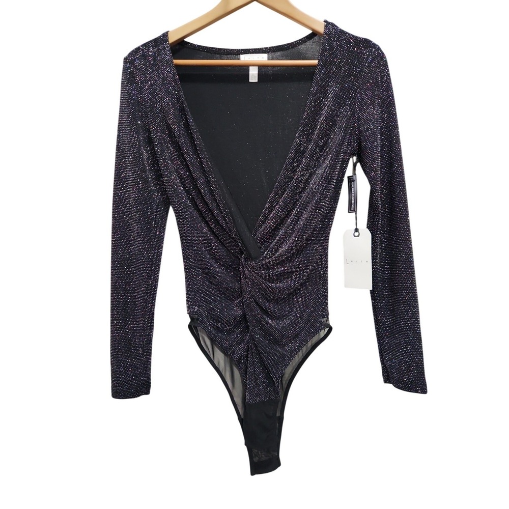 Leith Black Multi Glitter Deep V-Neck Twist Front Long Sleeve Bodysuit S New